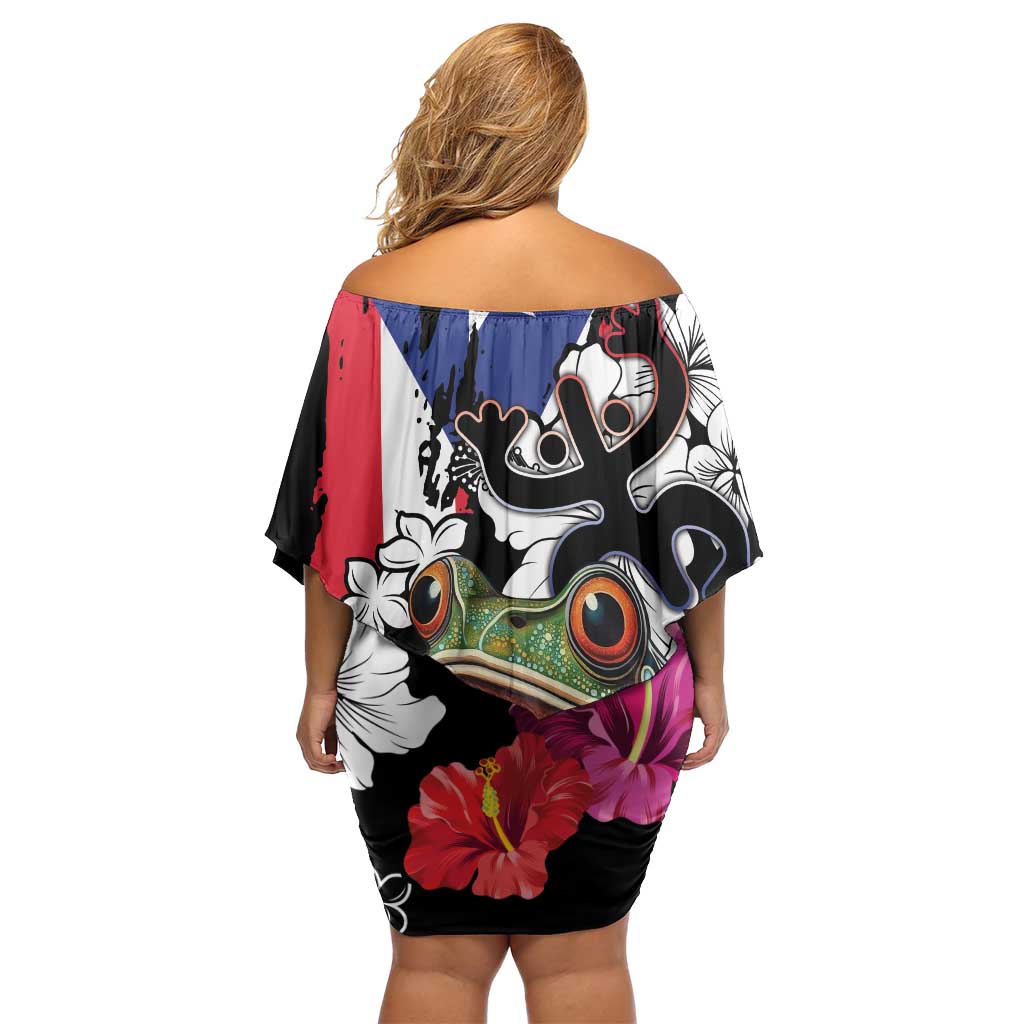 Boricua Taino Coqui Tropical Family Matching Off Shoulder Short Dress and Hawaiian Shirt Puerto Rico Grunge Flag - Wonder Print Shop