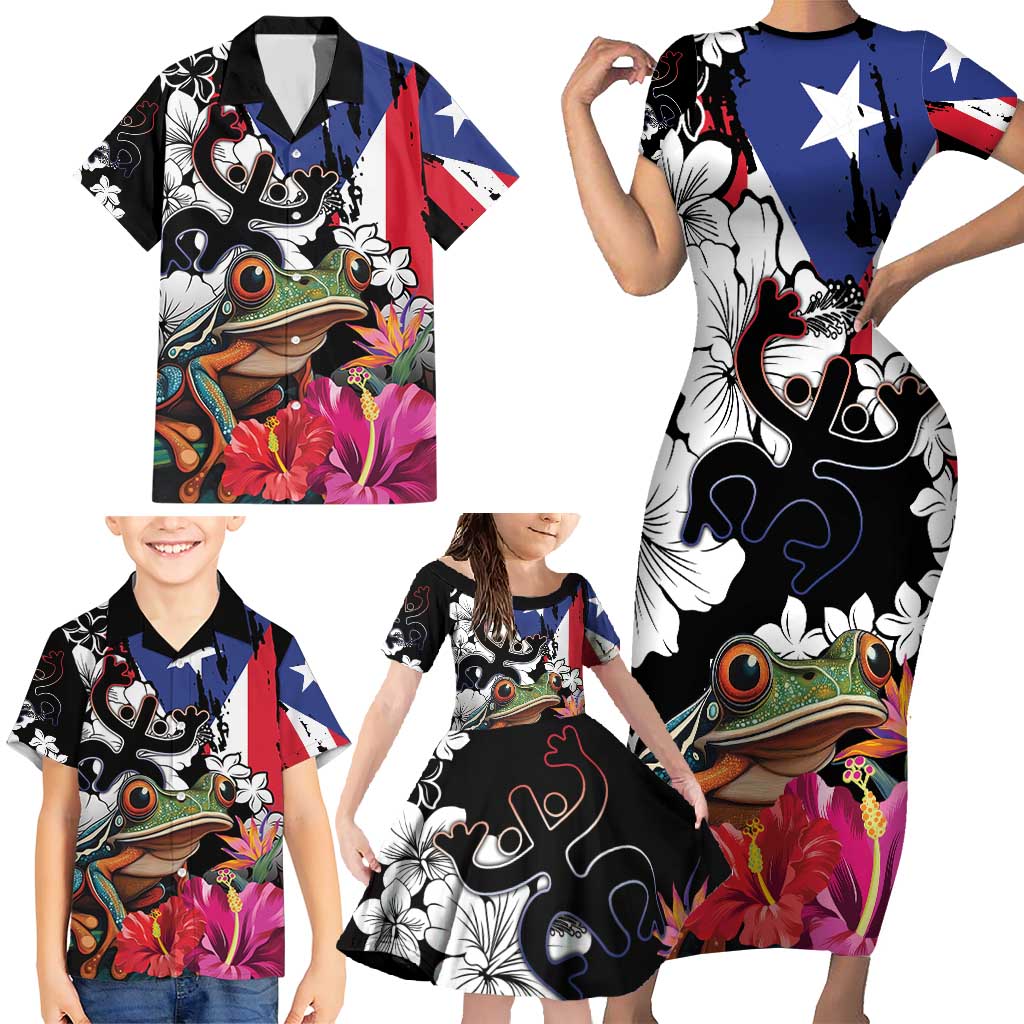 Boricua Taino Coqui Tropical Family Matching Short Sleeve Bodycon Dress and Hawaiian Shirt Puerto Rico Grunge Flag - Wonder Print Shop