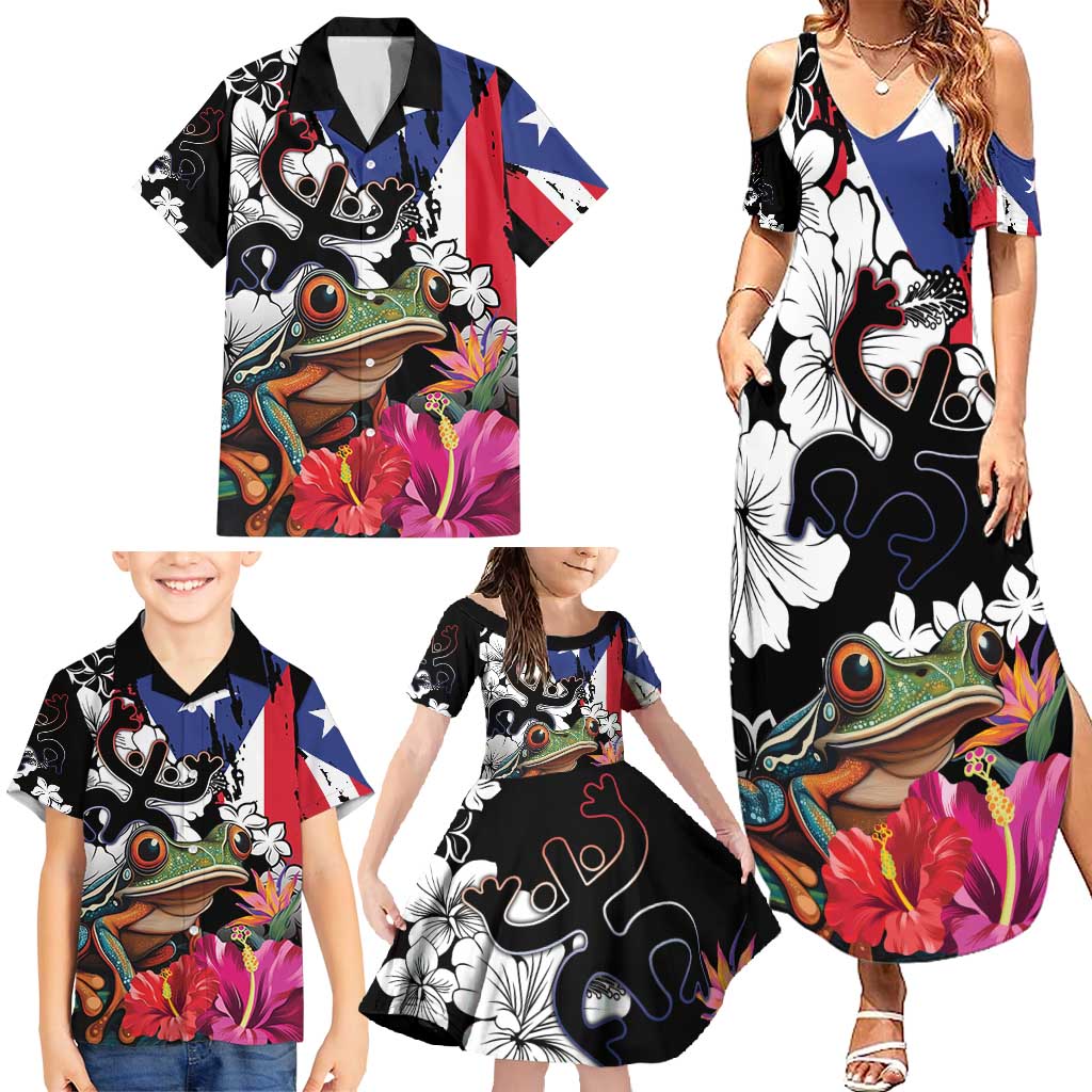 Boricua Taino Coqui Tropical Family Matching Summer Maxi Dress and Hawaiian Shirt Puerto Rico Grunge Flag - Wonder Print Shop