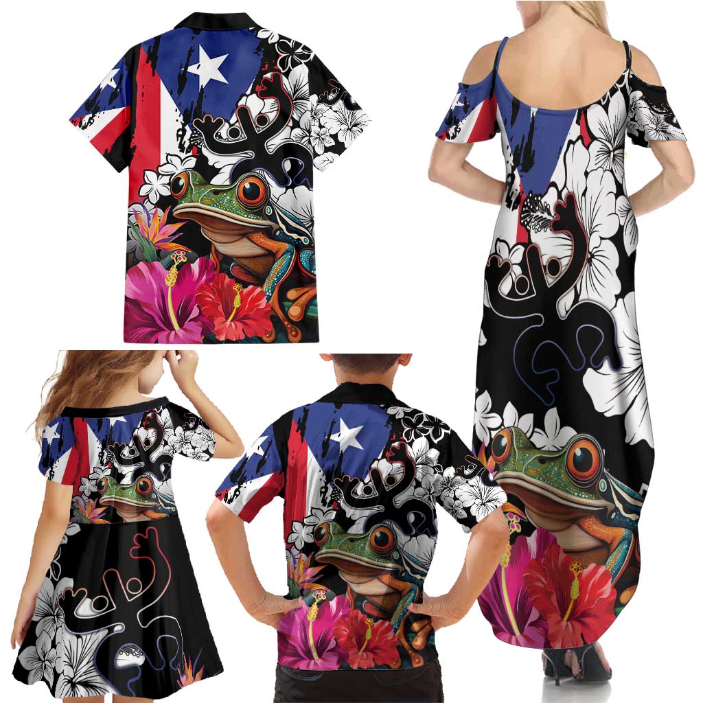 Boricua Taino Coqui Tropical Family Matching Summer Maxi Dress and Hawaiian Shirt Puerto Rico Grunge Flag - Wonder Print Shop