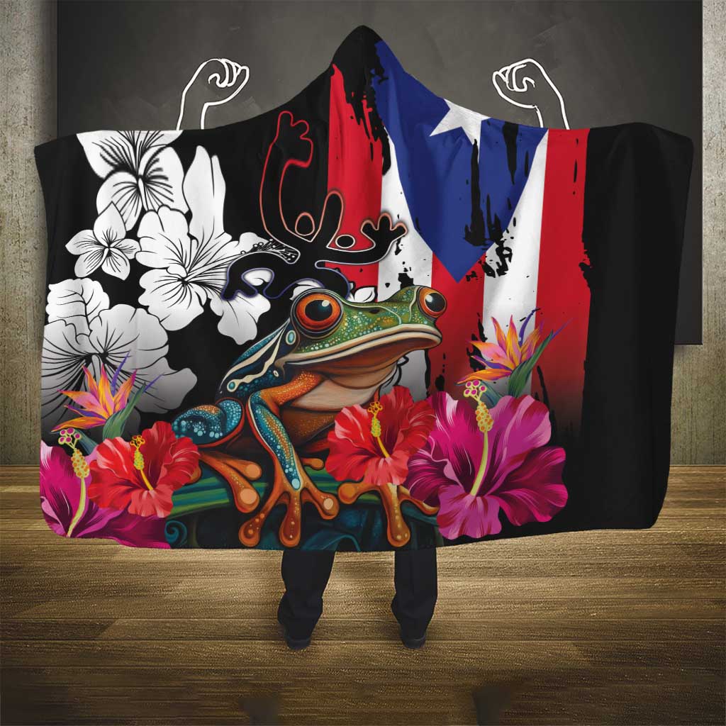 Boricua Taino Coqui Tropical Hooded Blanket Puerto Rico Grunge Flag