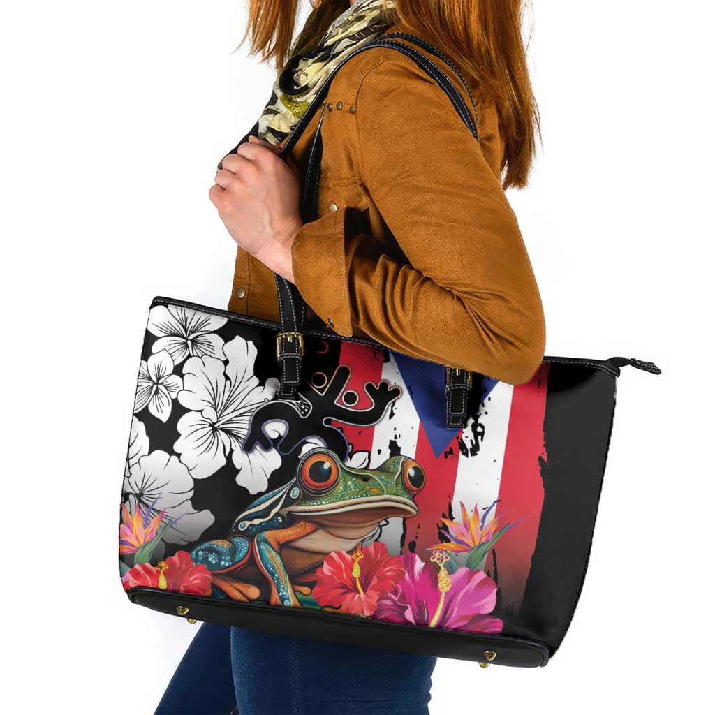 Boricua Taino Coqui Tropical Leather Tote Bag Puerto Rico Grunge Flag - Wonder Print Shop