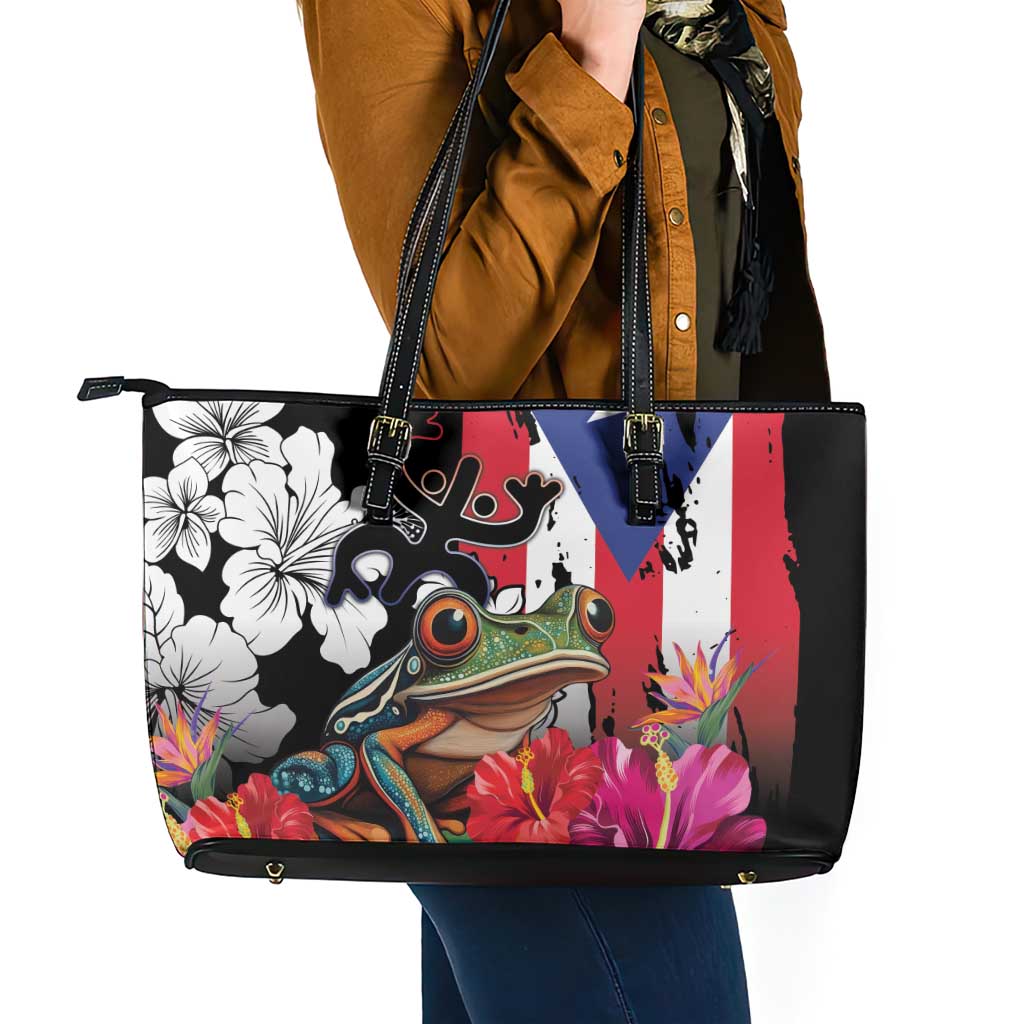 Boricua Taino Coqui Tropical Leather Tote Bag Puerto Rico Grunge Flag - Wonder Print Shop