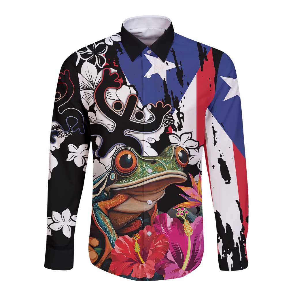 Boricua Taino Coqui Tropical Long Sleeve Button Shirt Puerto Rico Grunge Flag - Wonder Print Shop