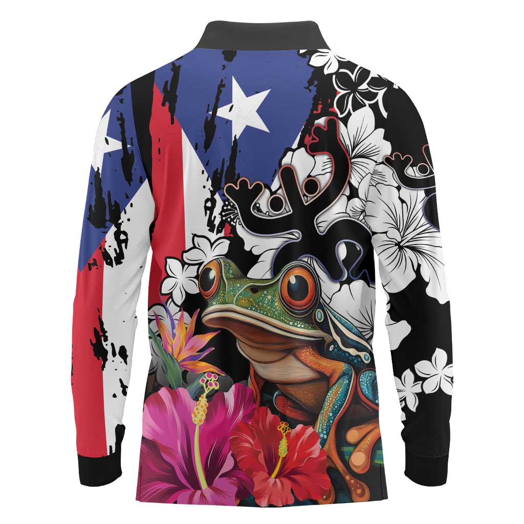 Boricua Taino Coqui Tropical Long Sleeve Polo Shirt Puerto Rico Grunge Flag - Wonder Print Shop