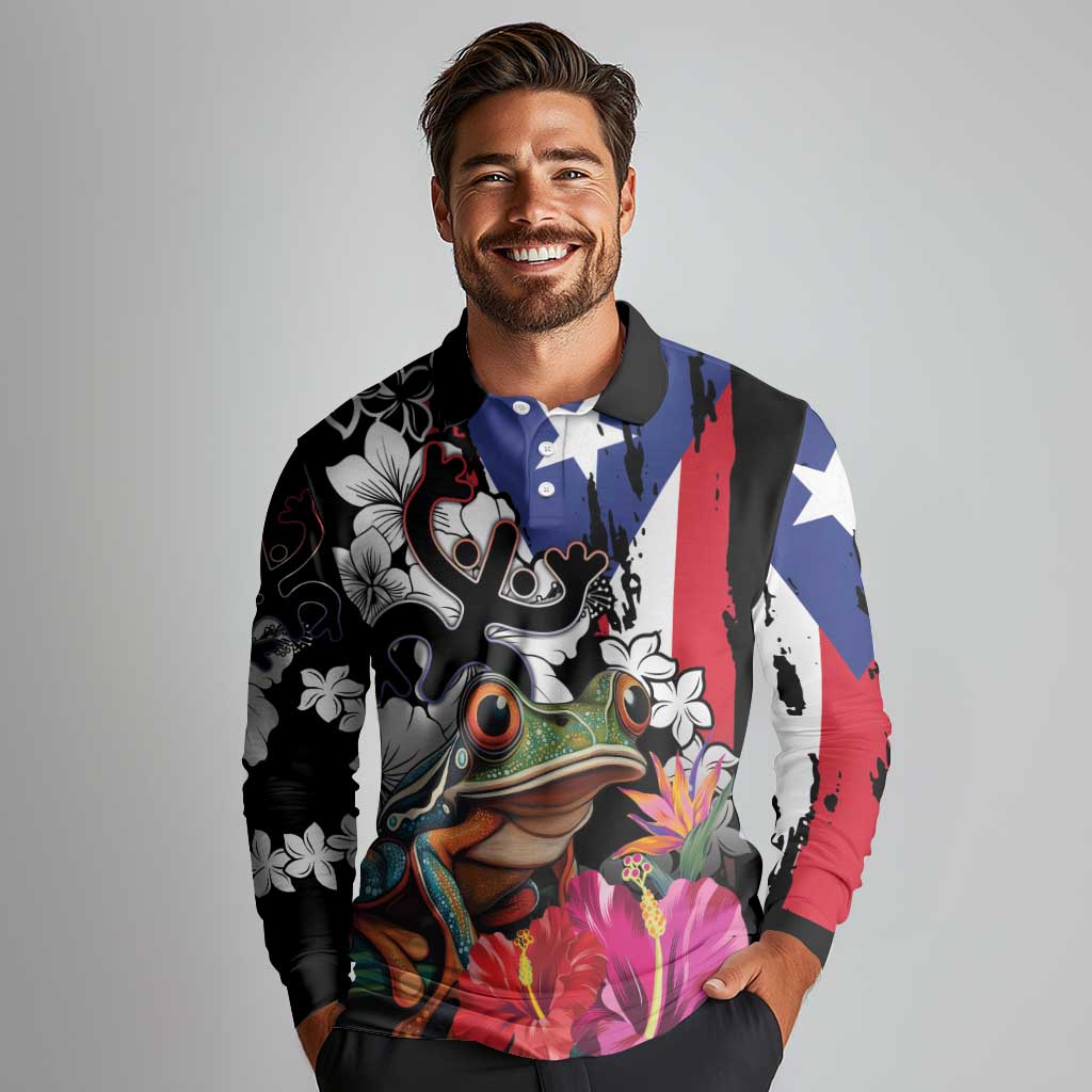Boricua Taino Coqui Tropical Long Sleeve Polo Shirt Puerto Rico Grunge Flag - Wonder Print Shop