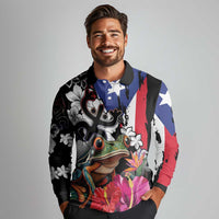 Boricua Taino Coqui Tropical Long Sleeve Polo Shirt Puerto Rico Grunge Flag - Wonder Print Shop