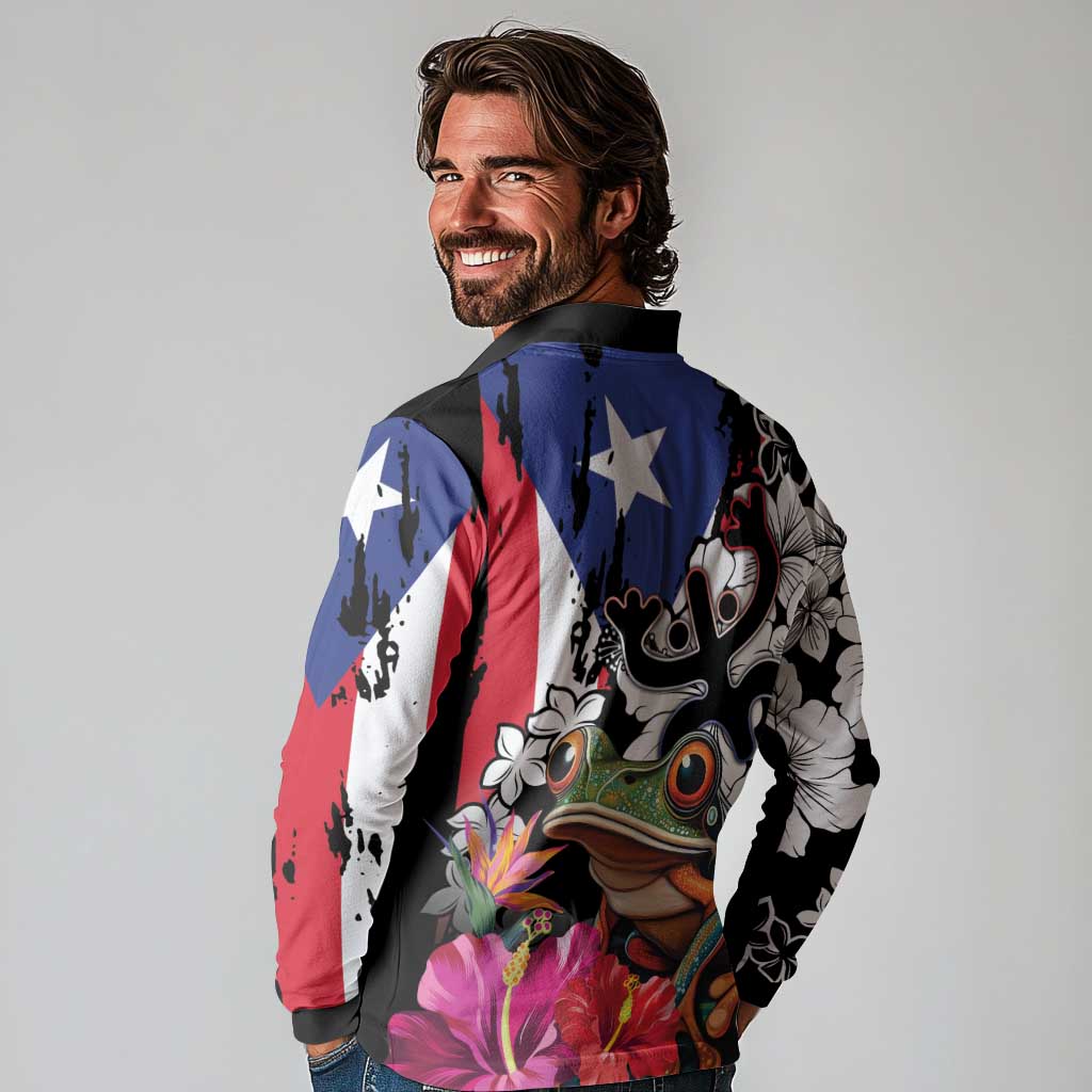 Boricua Taino Coqui Tropical Long Sleeve Polo Shirt Puerto Rico Grunge Flag - Wonder Print Shop