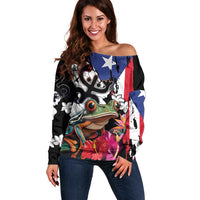Boricua Taino Coqui Tropical Off Shoulder Sweater Puerto Rico Grunge Flag - Wonder Print Shop