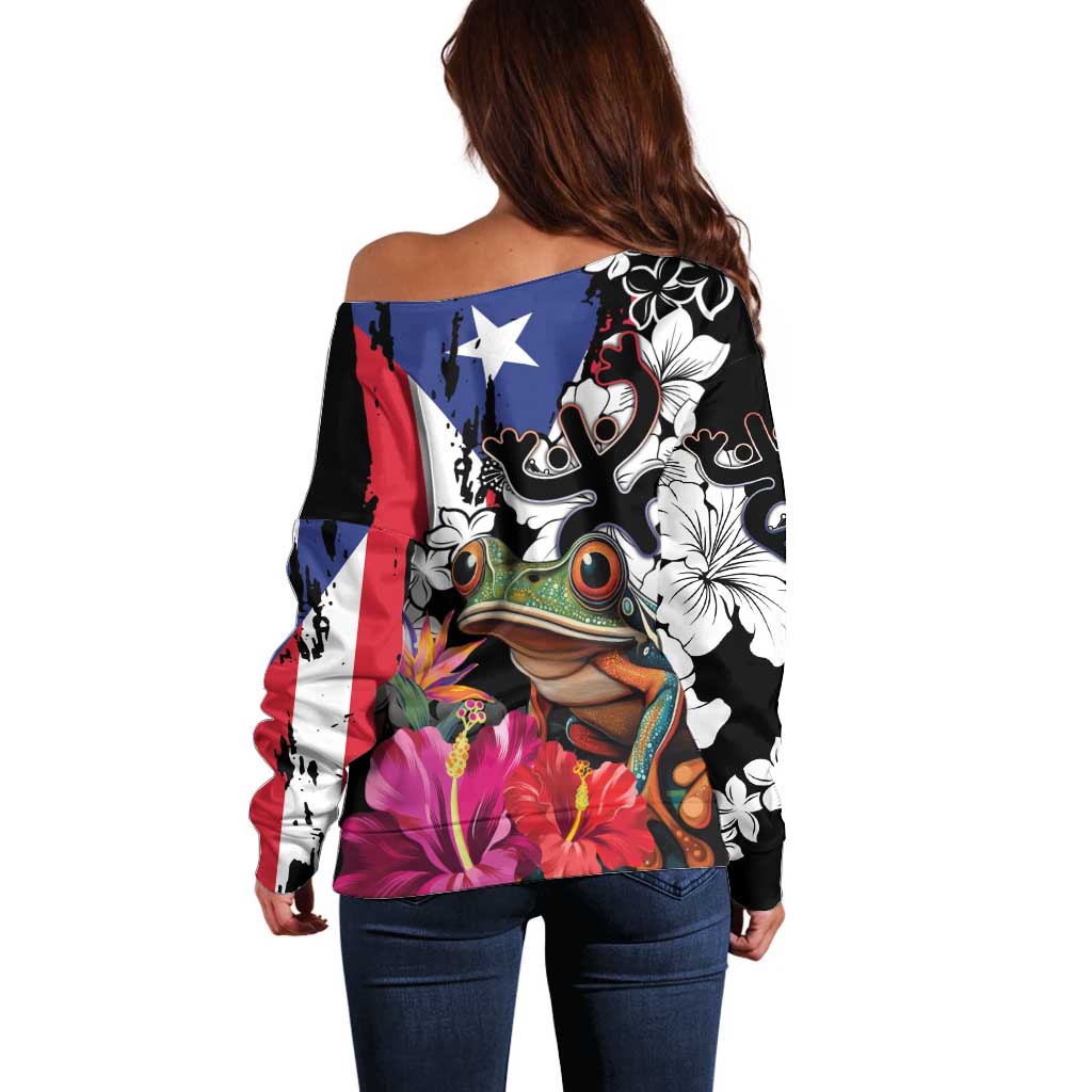 Boricua Taino Coqui Tropical Off Shoulder Sweater Puerto Rico Grunge Flag - Wonder Print Shop