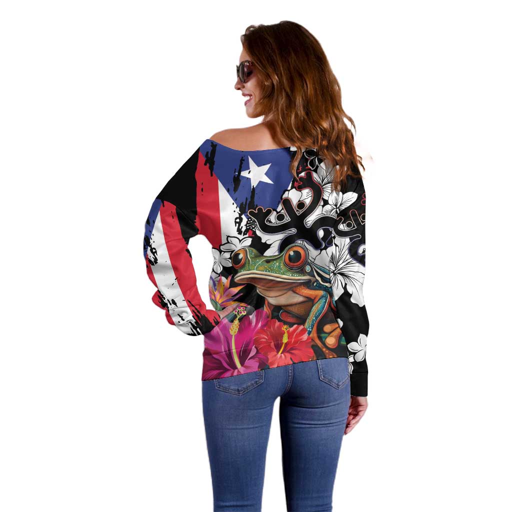 Boricua Taino Coqui Tropical Off Shoulder Sweater Puerto Rico Grunge Flag - Wonder Print Shop