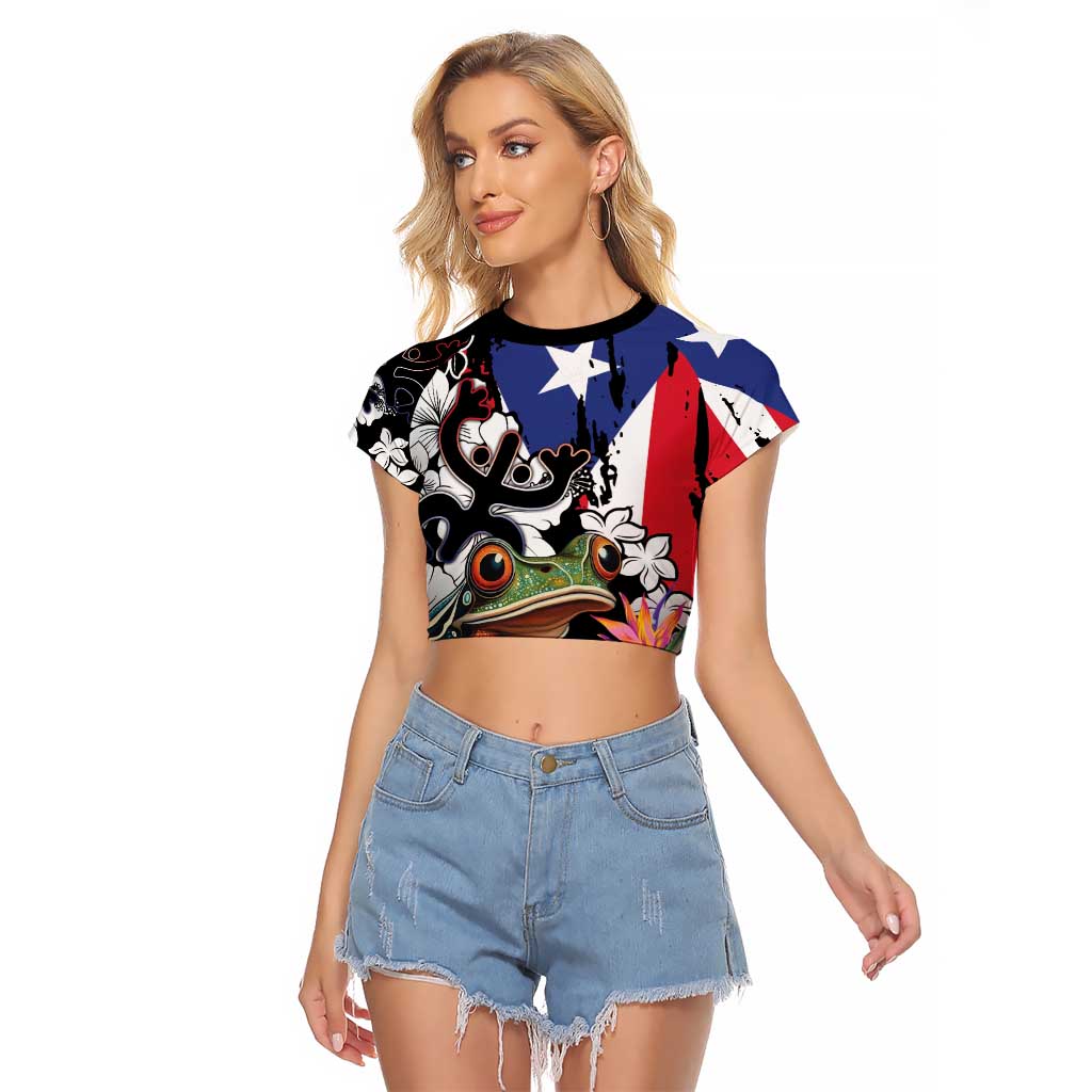 Boricua Taino Coqui Tropical Raglan Cropped T Shirt Puerto Rico Grunge Flag - Wonder Print Shop
