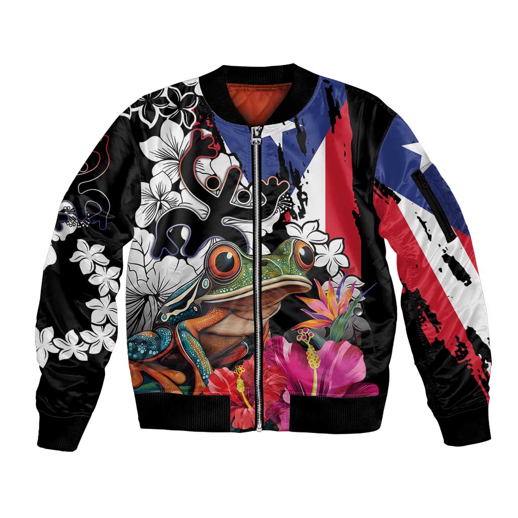 Boricua Taino Coqui Tropical Sleeve Zip Bomber Jacket Puerto Rico Grunge Flag - Wonder Print Shop