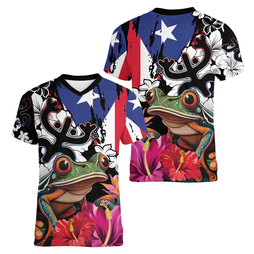 Boricua Taino Coqui Tropical Women V-Neck T-Shirt Puerto Rico Grunge Flag - Wonder Print Shop