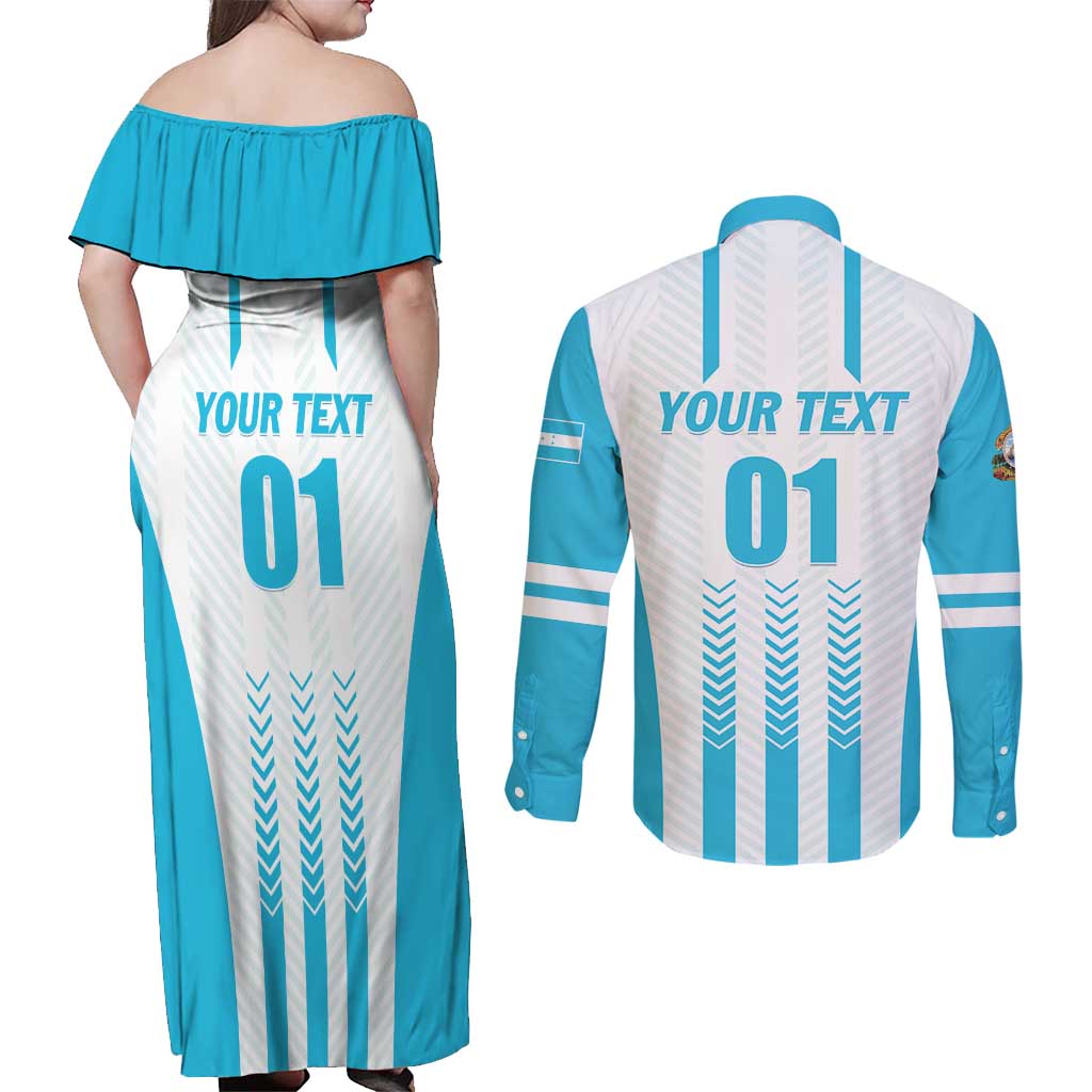 Custom Honduras Football Couples Matching Off Shoulder Maxi Dress and Long Sleeve Button Shirt Vamos Los Catrachos