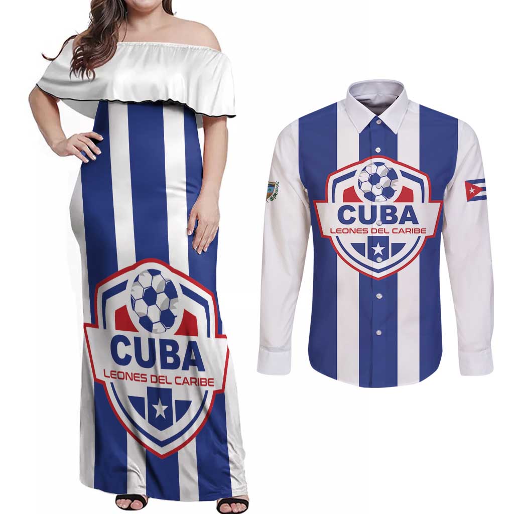 Custom Cuba Football Couples Matching Off Shoulder Maxi Dress and Long Sleeve Button Shirt Los Leones del Caribe
