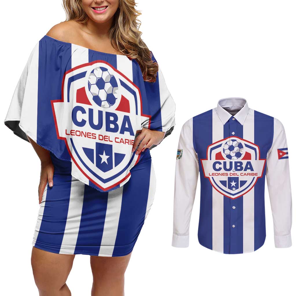 Custom Cuba Football Couples Matching Off Shoulder Short Dress and Long Sleeve Button Shirt Los Leones del Caribe