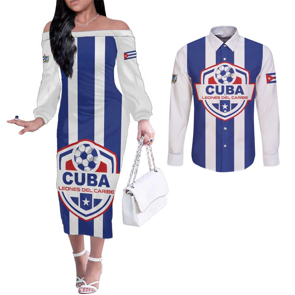 Custom Cuba Football Couples Matching Off The Shoulder Long Sleeve Dress and Long Sleeve Button Shirt Los Leones del Caribe