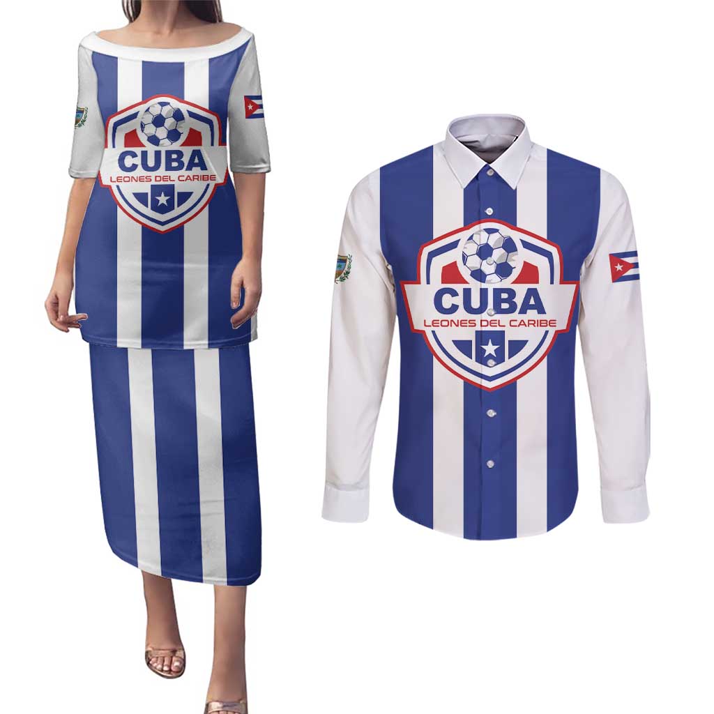 Custom Cuba Football Couples Matching Puletasi and Long Sleeve Button Shirt Los Leones del Caribe
