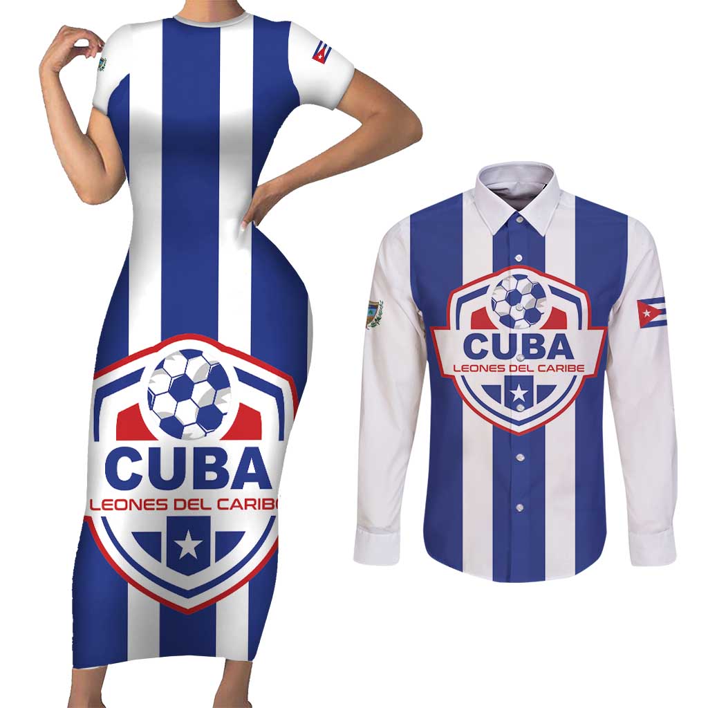 Custom Cuba Football Couples Matching Short Sleeve Bodycon Dress and Long Sleeve Button Shirt Los Leones del Caribe