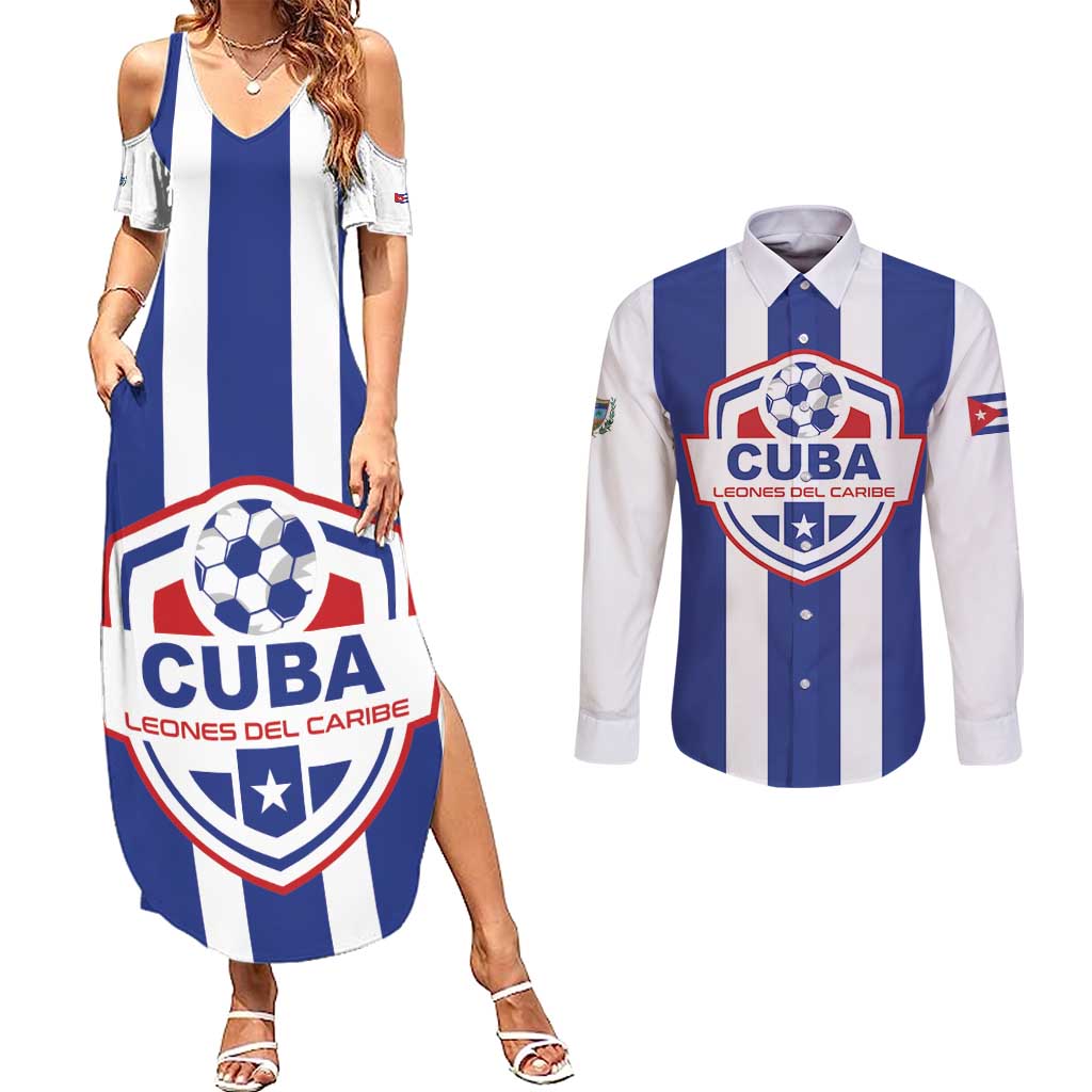 Custom Cuba Football Couples Matching Summer Maxi Dress and Long Sleeve Button Shirt Los Leones del Caribe
