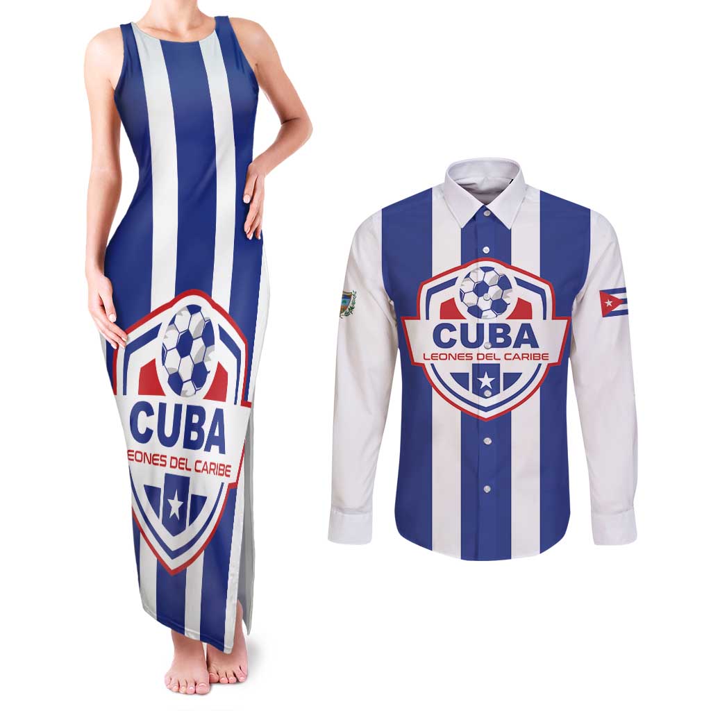 Custom Cuba Football Couples Matching Tank Maxi Dress and Long Sleeve Button Shirt Los Leones del Caribe