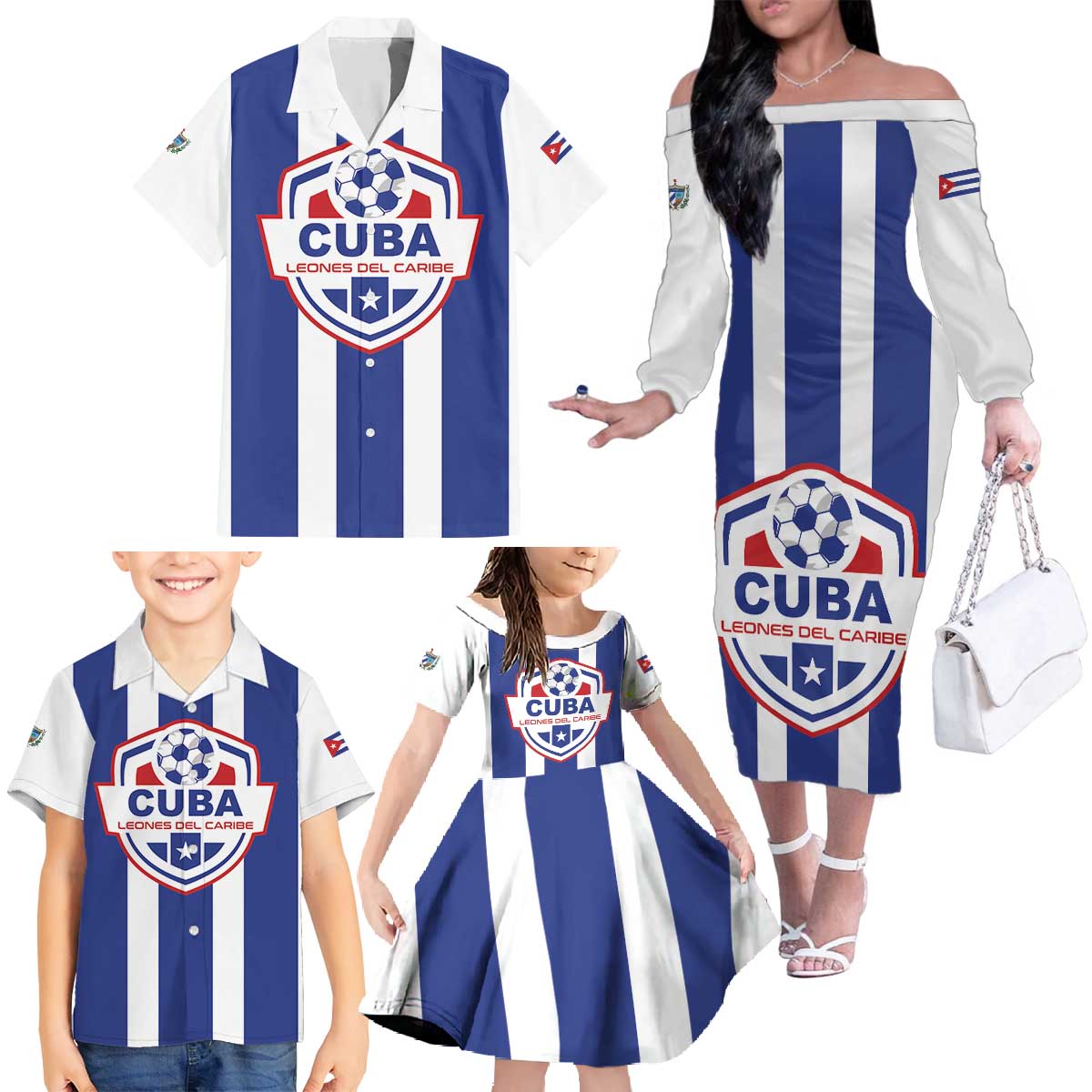 Custom Cuba Football Family Matching Off The Shoulder Long Sleeve Dress and Hawaiian Shirt Los Leones del Caribe