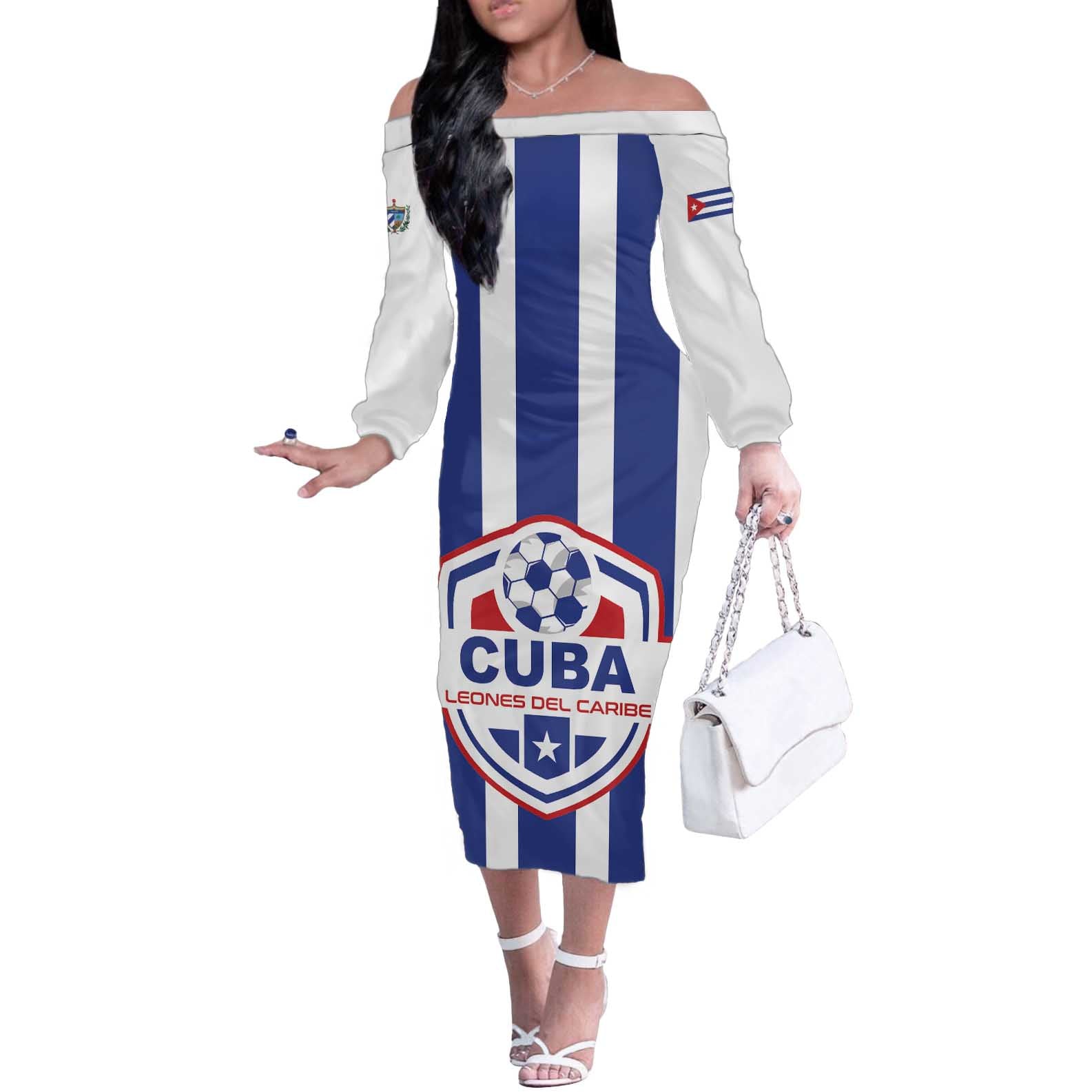 Custom Cuba Football Off The Shoulder Long Sleeve Dress Los Leones del Caribe