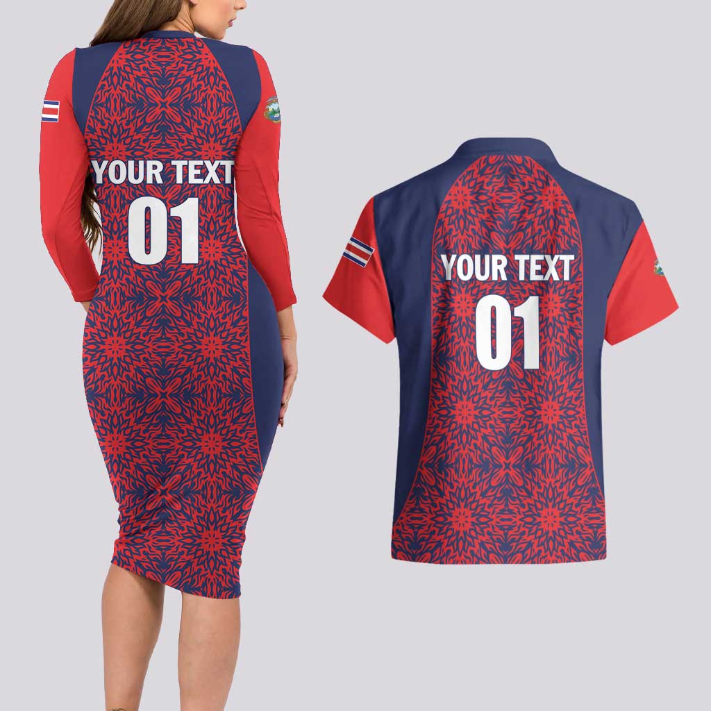 Custom Costa Rica Football Couples Matching Long Sleeve Bodycon Dress and Hawaiian Shirt Los Ticos Unique Pattern