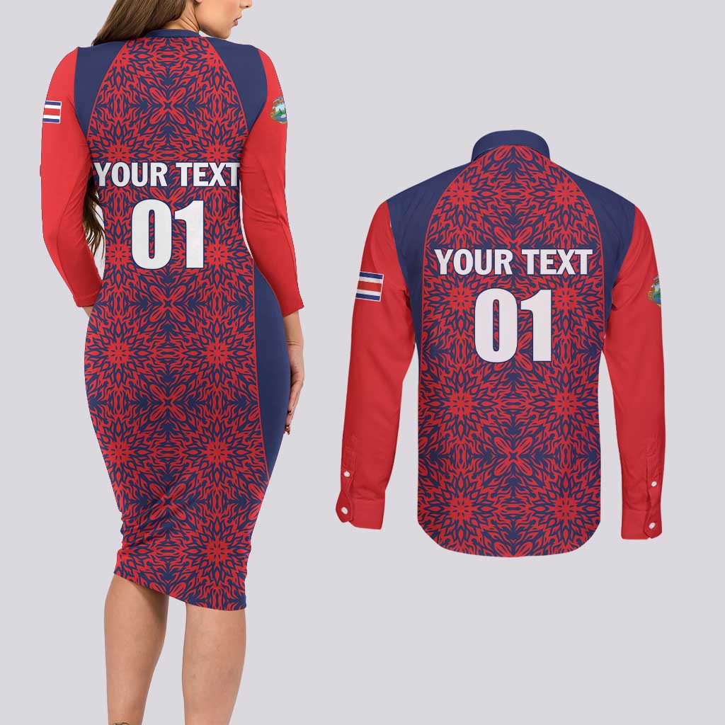 Custom Costa Rica Football Couples Matching Long Sleeve Bodycon Dress and Long Sleeve Button Shirt Los Ticos Unique Pattern