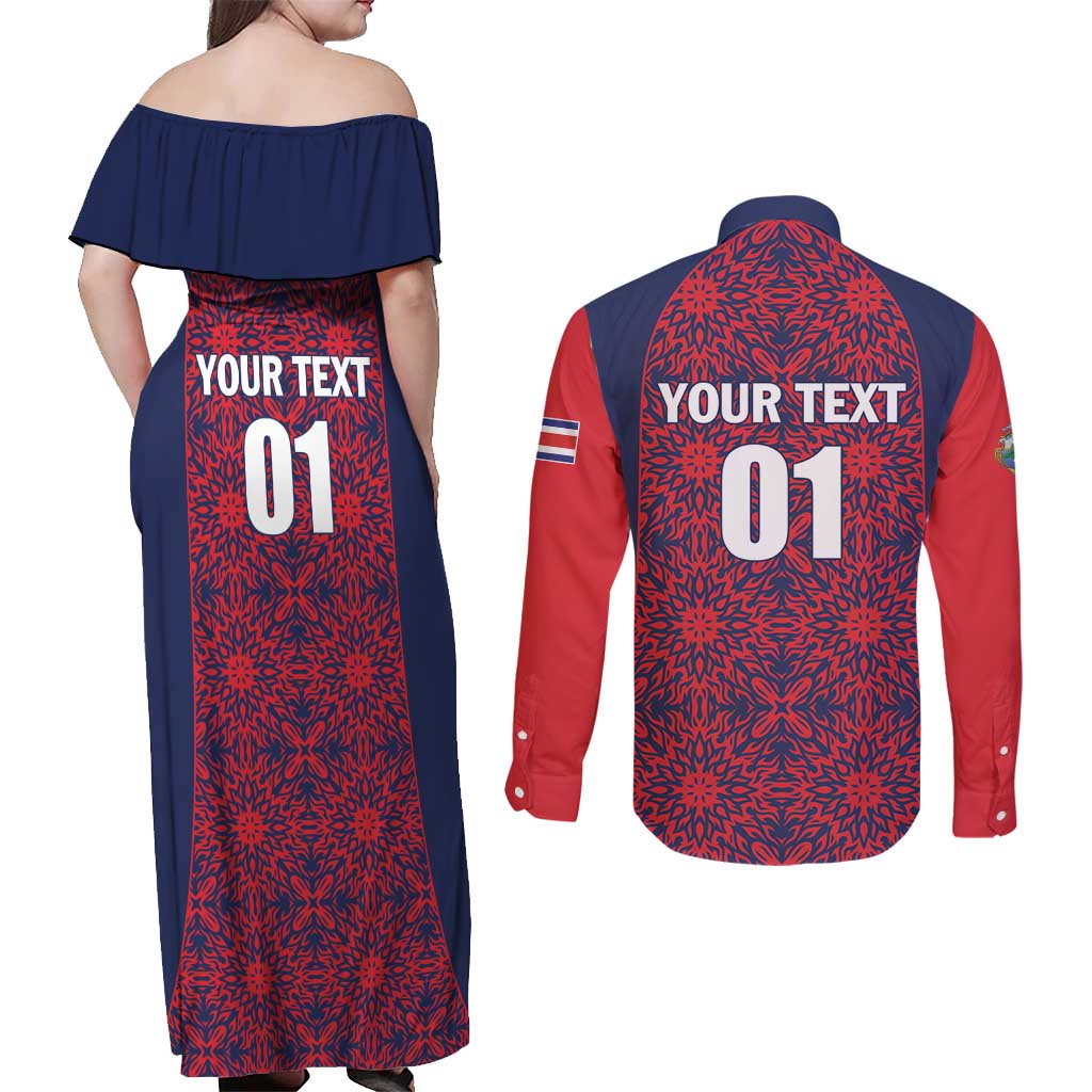 Custom Costa Rica Football Couples Matching Off Shoulder Maxi Dress and Long Sleeve Button Shirt Los Ticos Unique Pattern