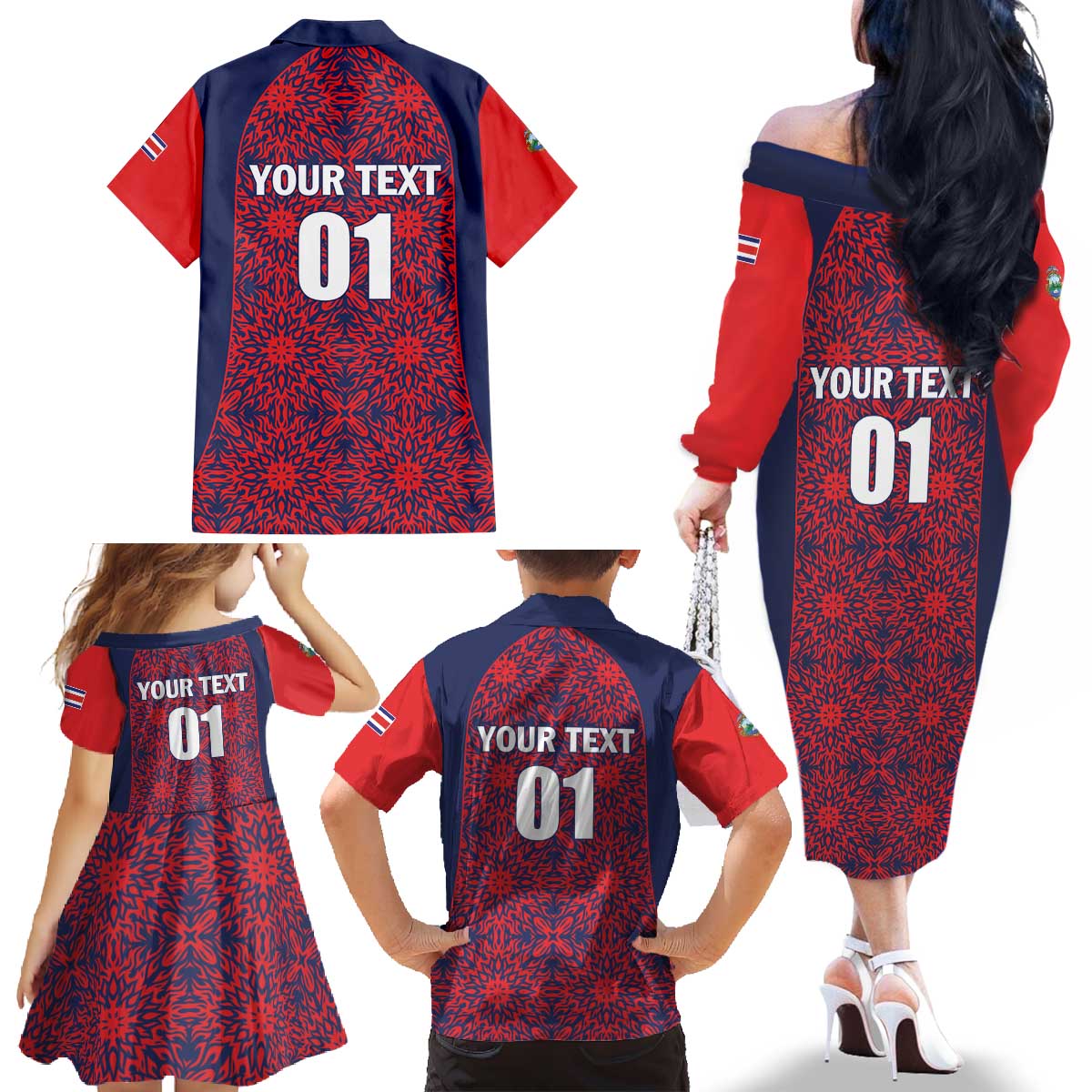 Custom Costa Rica Football Family Matching Off The Shoulder Long Sleeve Dress and Hawaiian Shirt Los Ticos Unique Pattern