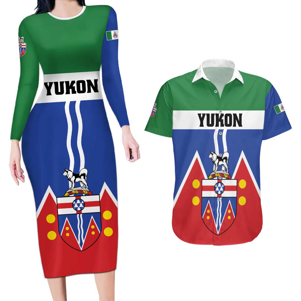 Personalized Canada Yukon Territories Couples Matching Long Sleeve Bodycon Dress and Hawaiian Shirt Larger Than Life