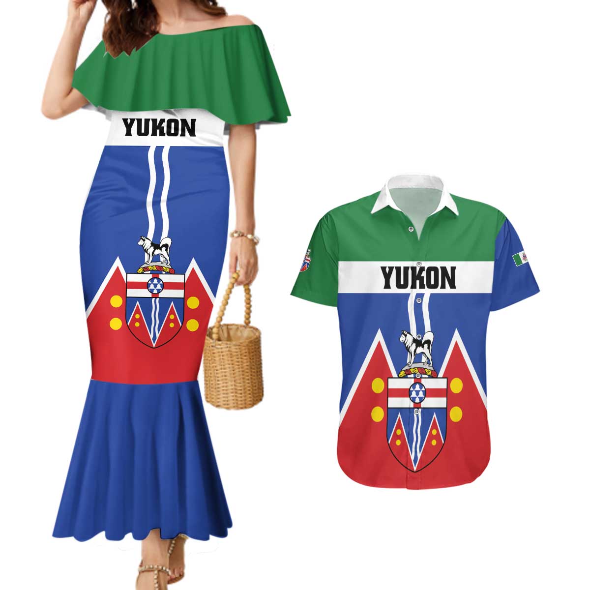 Personalized Canada Yukon Territories Couples Matching Mermaid Dress and Hawaiian Shirt Larger Than Life