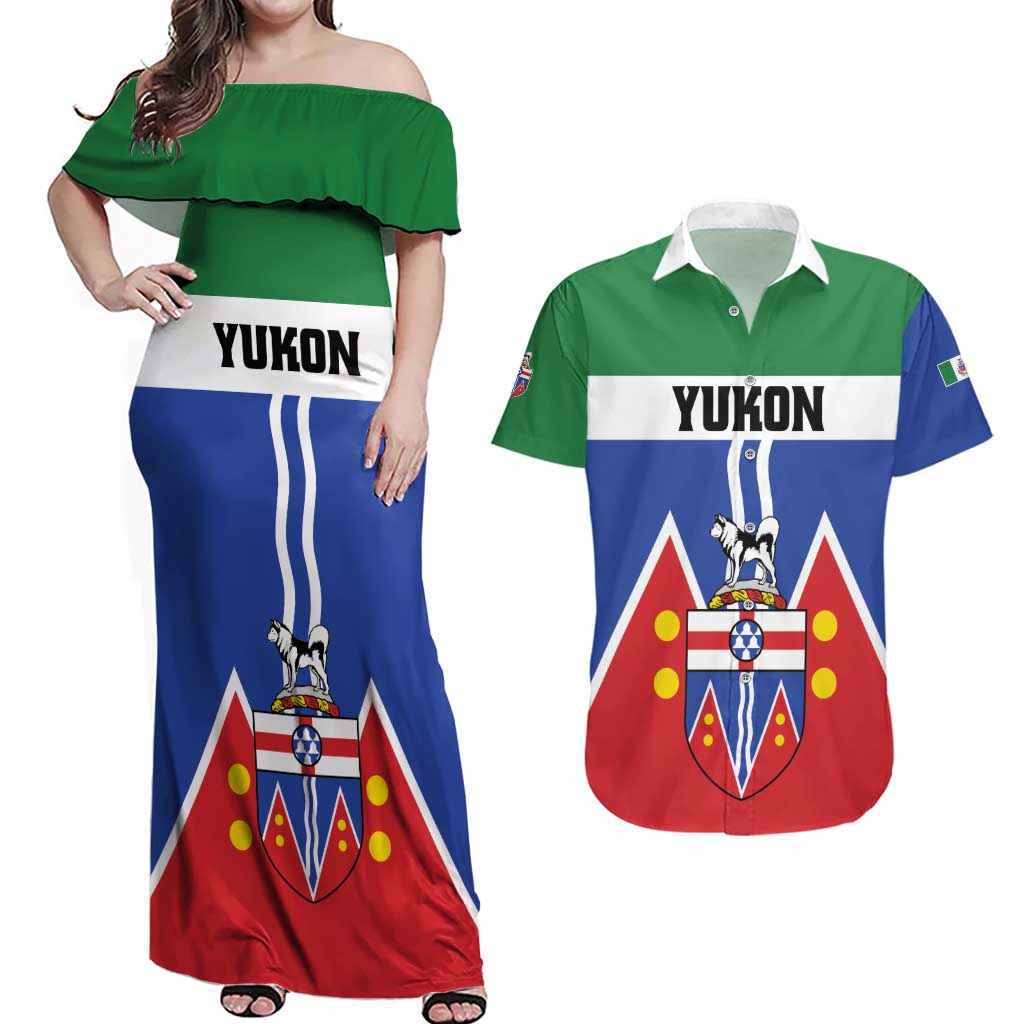 Personalized Canada Yukon Territories Couples Matching Off Shoulder Maxi Dress and Hawaiian Shirt Larger Than Life