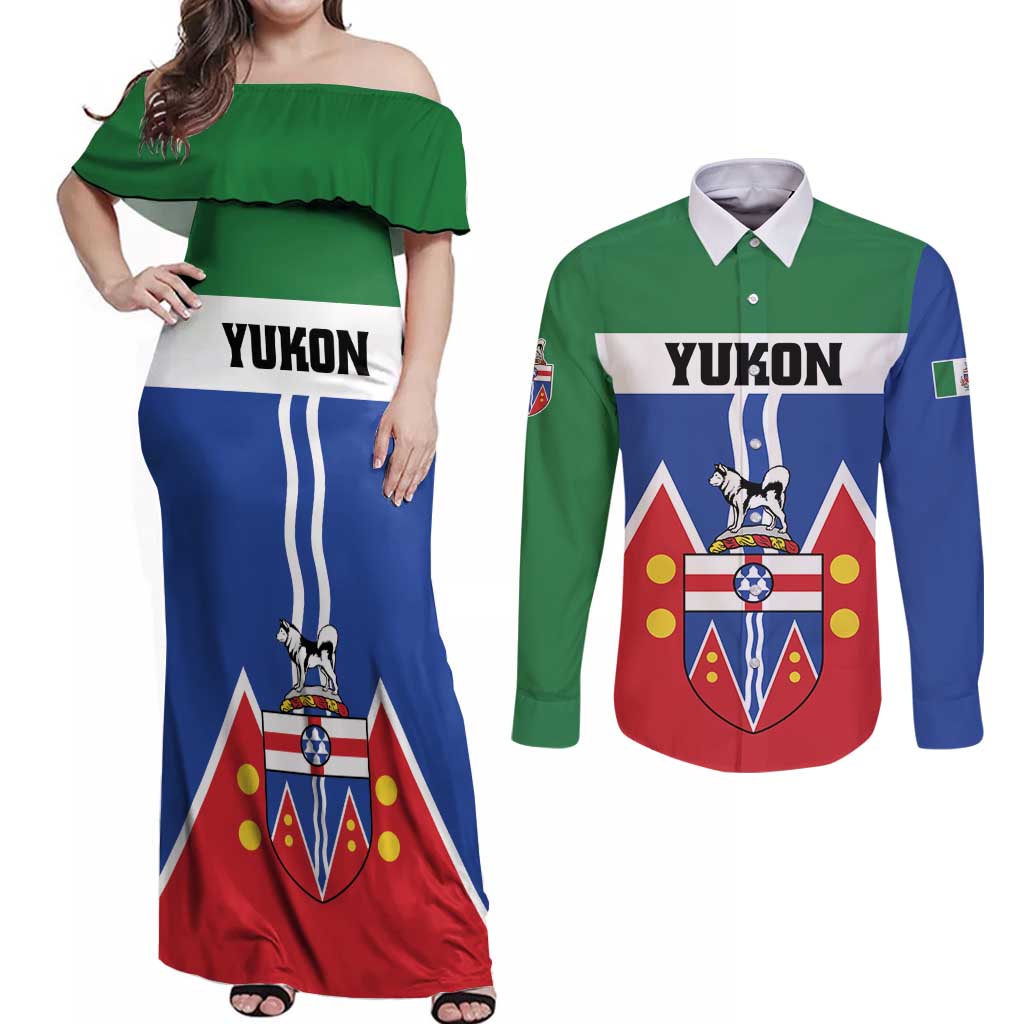 Personalized Canada Yukon Territories Couples Matching Off Shoulder Maxi Dress and Long Sleeve Button Shirt Larger Than Life