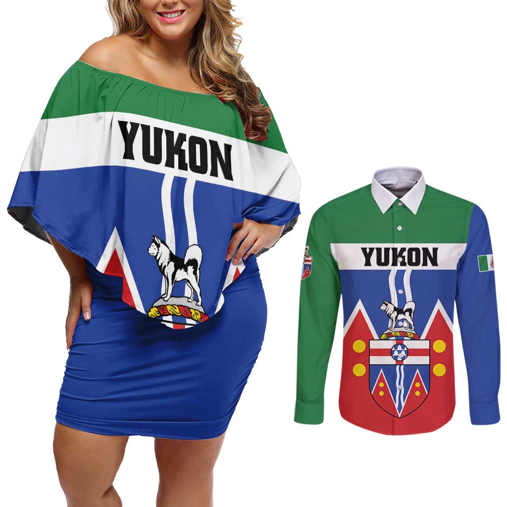 Personalized Canada Yukon Territories Couples Matching Off Shoulder Short Dress and Long Sleeve Button Shirt Larger Than Life