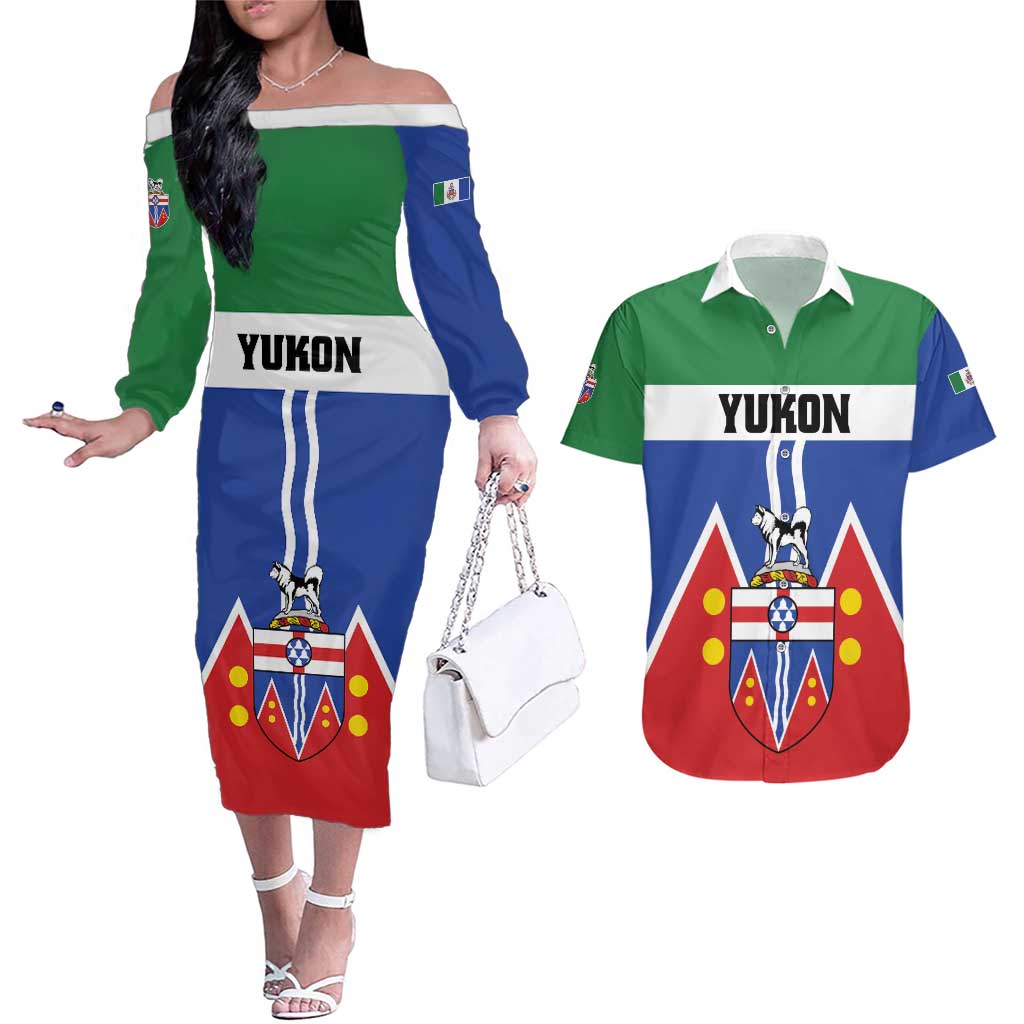 Personalized Canada Yukon Territories Couples Matching Off The Shoulder Long Sleeve Dress and Hawaiian Shirt Larger Than Life