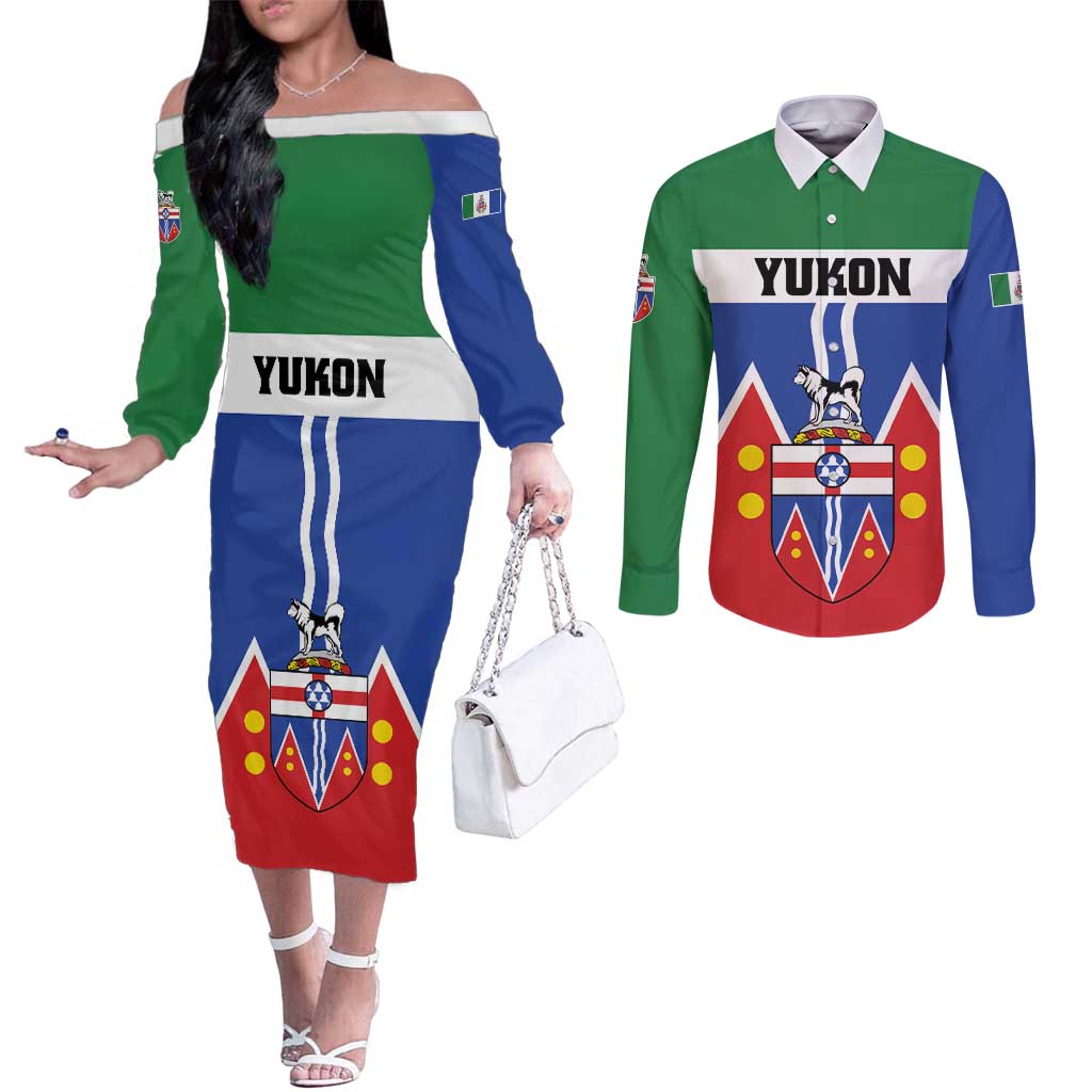 Personalized Canada Yukon Territories Couples Matching Off The Shoulder Long Sleeve Dress and Long Sleeve Button Shirt Larger Than Life