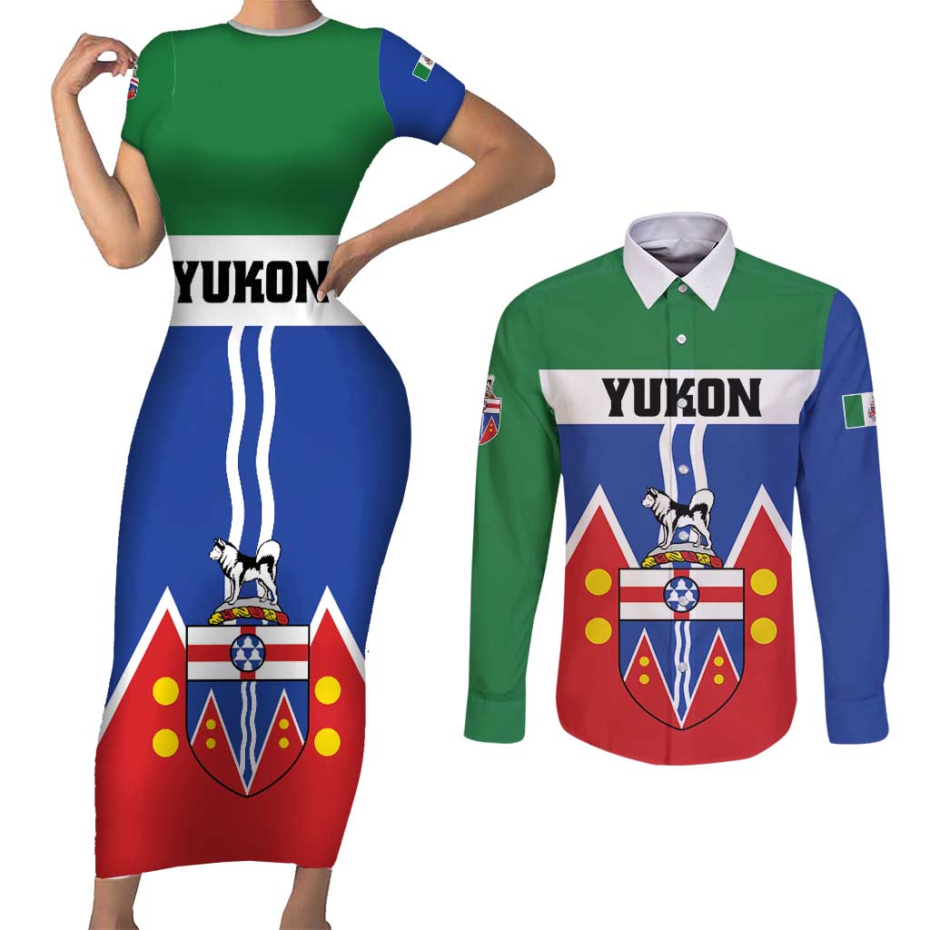 Personalized Canada Yukon Territories Couples Matching Short Sleeve Bodycon Dress and Long Sleeve Button Shirt Larger Than Life