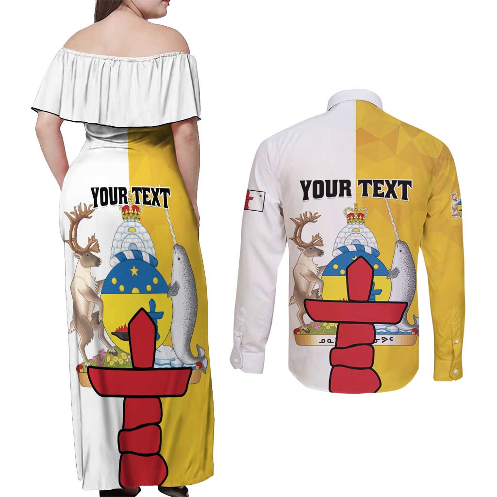 Personalized Canada Nunavut Territories Couples Matching Off Shoulder Maxi Dress and Long Sleeve Button Shirt Inuktitut Our Land Our Strength