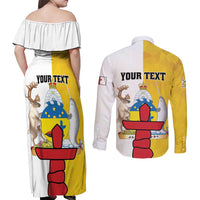Personalized Canada Nunavut Territories Couples Matching Off Shoulder Maxi Dress and Long Sleeve Button Shirt Inuktitut Our Land Our Strength