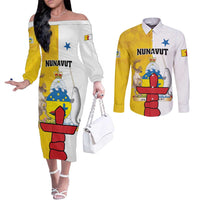 Personalized Canada Nunavut Territories Couples Matching Off The Shoulder Long Sleeve Dress and Long Sleeve Button Shirt Inuktitut Our Land Our Strength