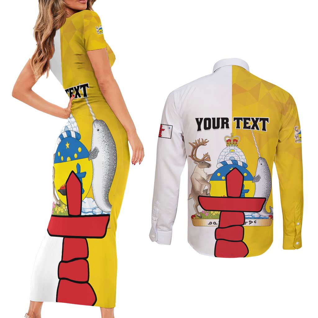 Personalized Canada Nunavut Territories Couples Matching Short Sleeve Bodycon Dress and Long Sleeve Button Shirt Inuktitut Our Land Our Strength