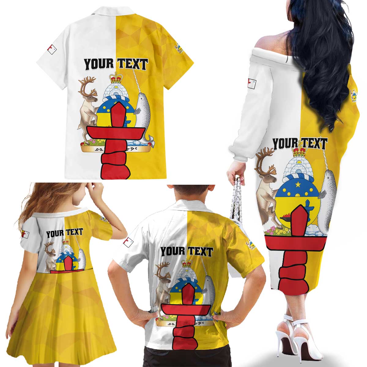 Personalized Canada Nunavut Territories Family Matching Off The Shoulder Long Sleeve Dress and Hawaiian Shirt Inuktitut Our Land Our Strength