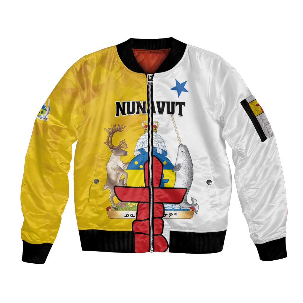 Personalized Canada Nunavut Territories Sleeve Zip Bomber Jacket Inuktitut Our Land Our Strength