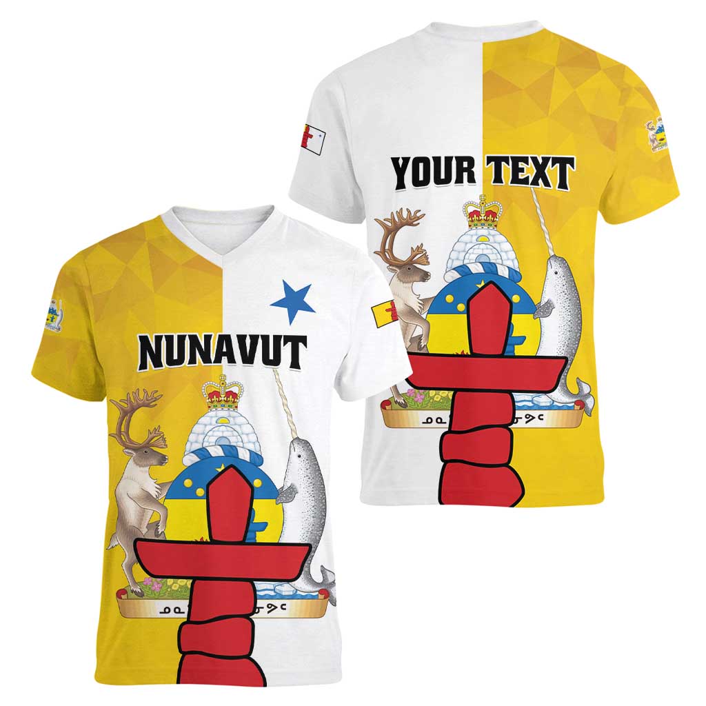 Personalized Canada Nunavut Territories Women V-Neck T-Shirt Inuktitut Our Land Our Strength