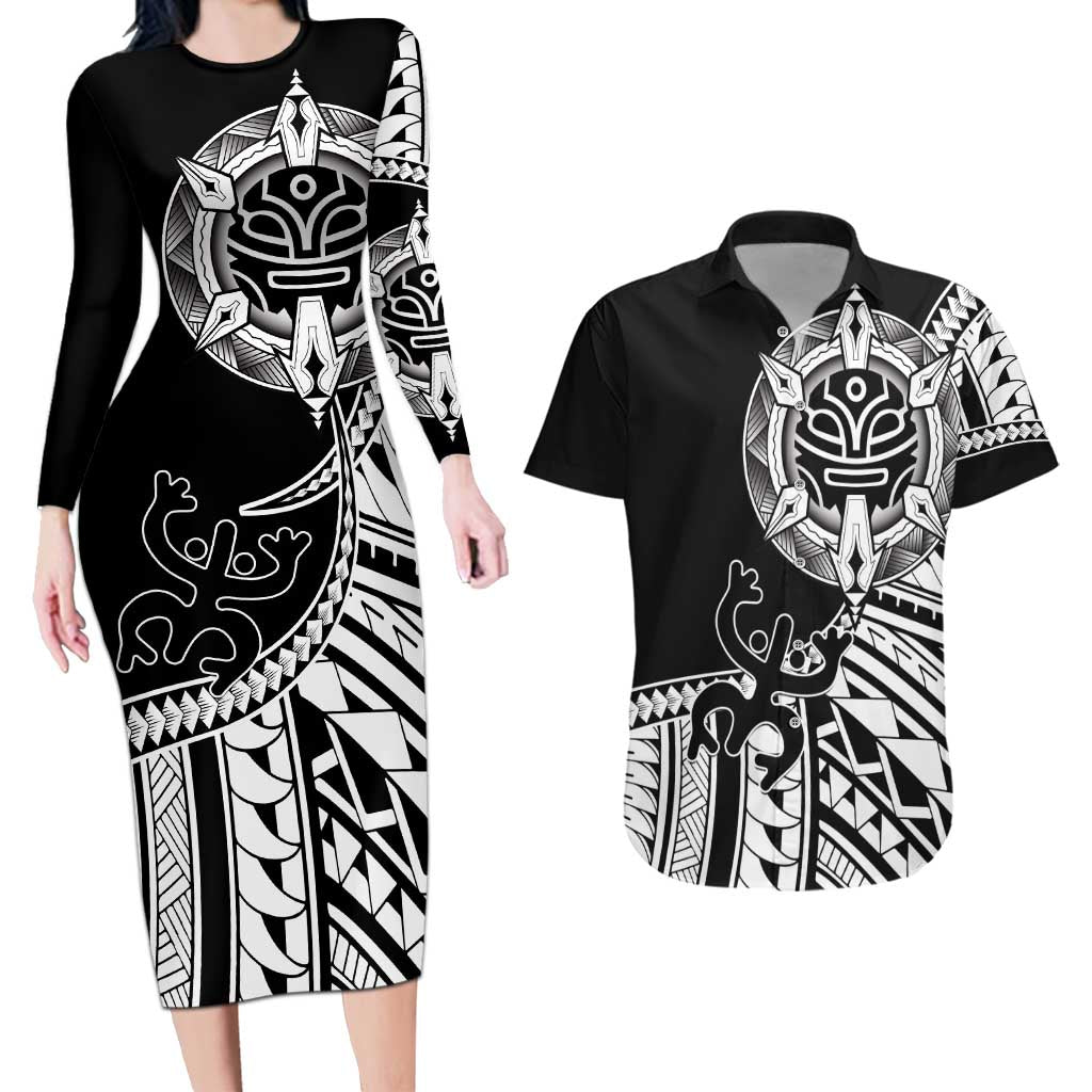 Taino Sun Traditional Tattoo Couples Matching Long Sleeve Bodycon Dress and Hawaiian Shirt Polynesian Pattern
