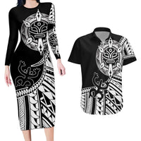 Taino Sun Traditional Tattoo Couples Matching Long Sleeve Bodycon Dress and Hawaiian Shirt Polynesian Pattern