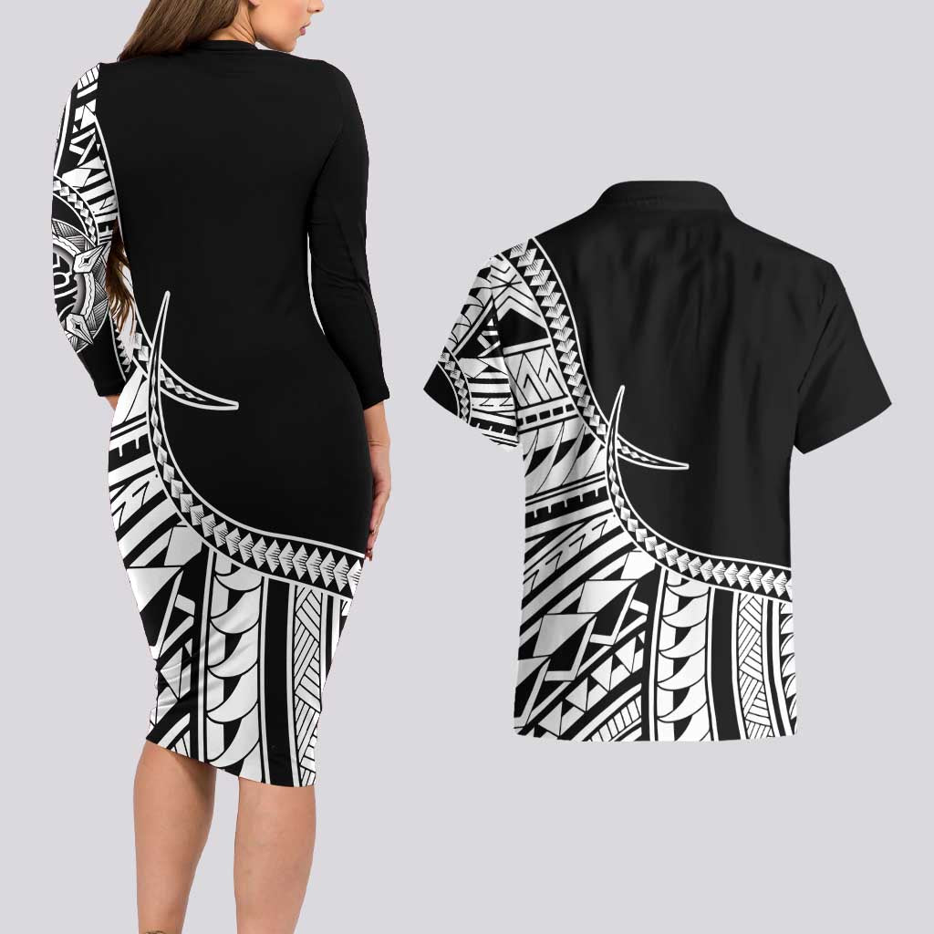 Taino Sun Traditional Tattoo Couples Matching Long Sleeve Bodycon Dress and Hawaiian Shirt Polynesian Pattern